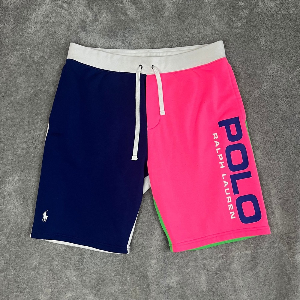 Polo Ralph Lauren Fleece Shorts Mens L Colorblock Spellout Drawstring Preppy